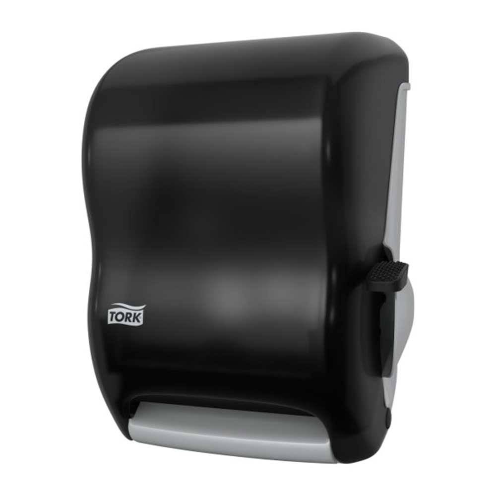 A black wall-mounted paper towel dispenser with a sleek design and a visible lever on the side. Tork H2 Smoke Paper Hand Towel Roll Dispenser (1 Dispenser/Case)